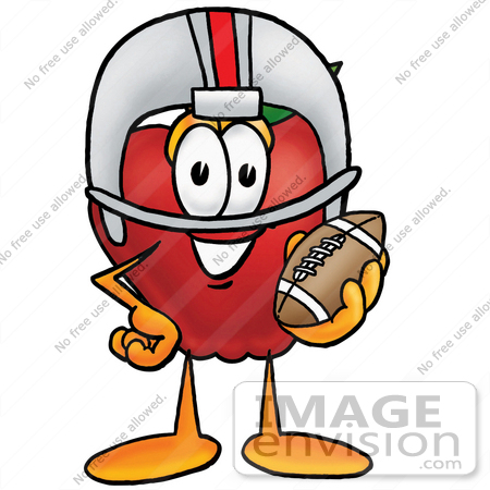 #22322 Clip art Graphic of a Red Apple Cartoon Character in a Helmet, Holding a Football by toons4biz