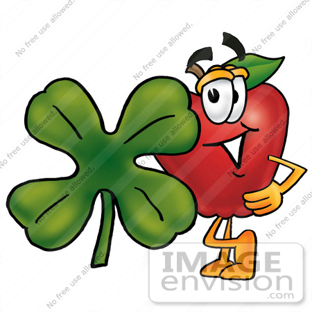#22323 Clip art Graphic of a Red Apple Cartoon Character With a Green Four Leaf Clover on St Paddy’s or St Patricks Day by toons4biz