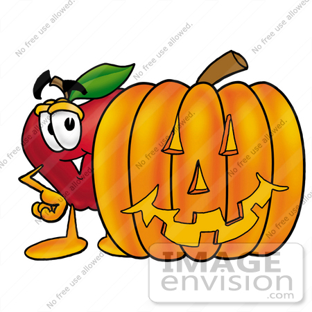 #22324 Clip art Graphic of a Red Apple Cartoon Character With a Carved Halloween Pumpkin by toons4biz