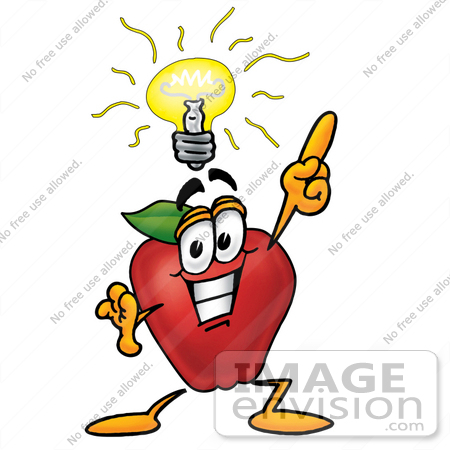 #22325 Clip art Graphic of a Red Apple Cartoon Character With a Bright Idea by toons4biz
