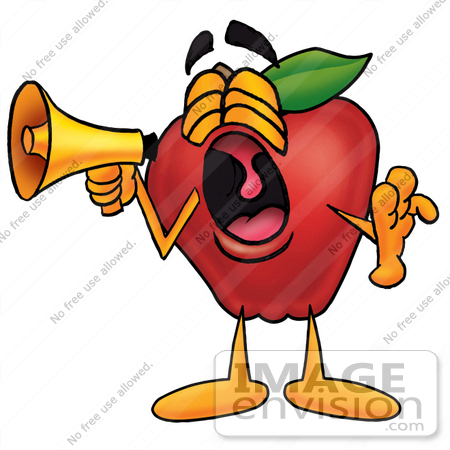 #22326 Clip art Graphic of a Red Apple Cartoon Character Screaming Into a Megaphone by toons4biz