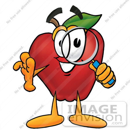 #22327 Clip art Graphic of a Red Apple Cartoon Character Looking Through a Magnifying Glass by toons4biz