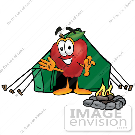 #22332 Clip art Graphic of a Red Apple Cartoon Character Camping With a Tent and Fire by toons4biz