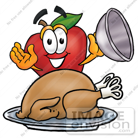 #22334 Clip art Graphic of a Red Apple Cartoon Character Serving a Thanksgiving Turkey on a Platter by toons4biz