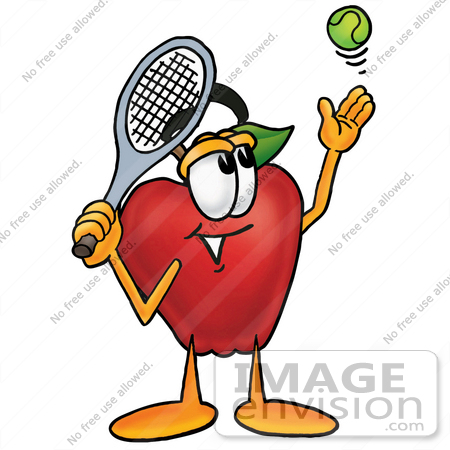 #22335 Clip art Graphic of a Red Apple Cartoon Character Preparing to Hit a Tennis Ball by toons4biz