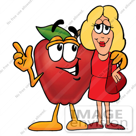 #22336 Clip art Graphic of a Red Apple Cartoon Character Talking to a Pretty Blond Woman by toons4biz