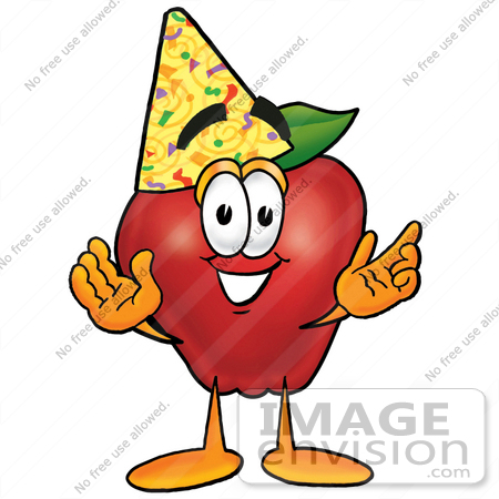#22337 Clip art Graphic of a Red Apple Cartoon Character Wearing a Birthday Party Hat by toons4biz