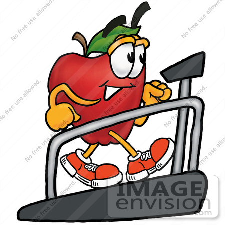 #22339 Clip art Graphic of a Red Apple Cartoon Character Walking on a Treadmill in a Fitness Gym by toons4biz