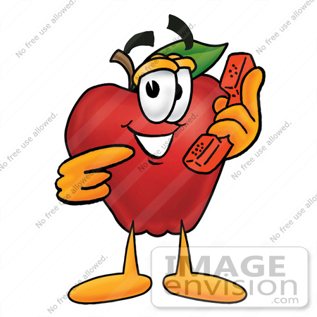 #22346 Clip art Graphic of a Red Apple Cartoon Character Holding a Telephone by toons4biz