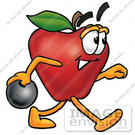 #22352 Clip art Graphic of a Red Apple Cartoon Character Holding a Bowling Ball by toons4biz