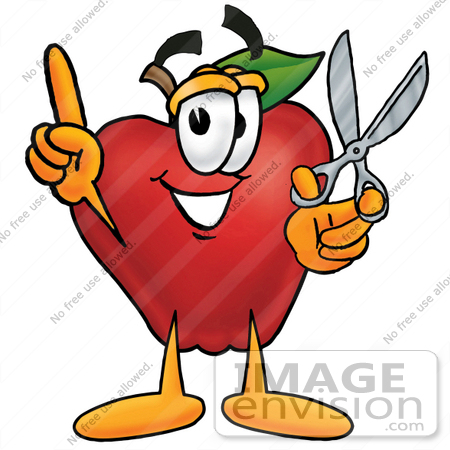 #22354 Clip art Graphic of a Red Apple Cartoon Character Holding a Pair of Scissors by toons4biz