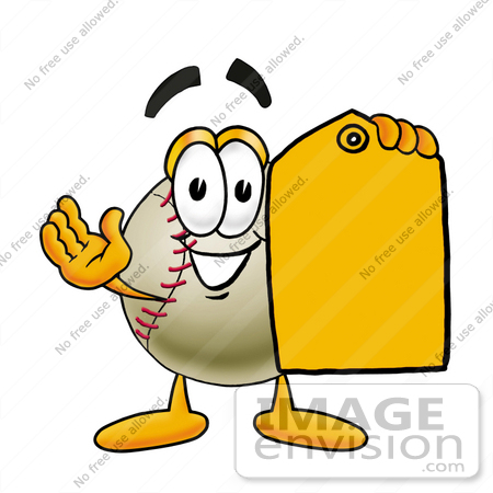 #22360 Clip art Graphic of a Baseball Cartoon Character Holding a Yellow Sales Price Tag by toons4biz