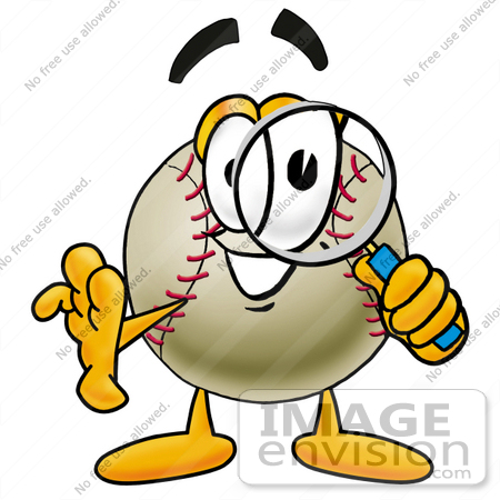 #22371 Clip art Graphic of a Baseball Cartoon Character Looking Through a Magnifying Glass by toons4biz