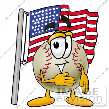 #22384 Clip art Graphic of a Baseball Cartoon Character Pledging Allegiance to an American Flag by toons4biz