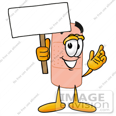 #22401 Clip art Graphic of a Bandaid Bandage Cartoon Character Holding a Blank Sign by toons4biz