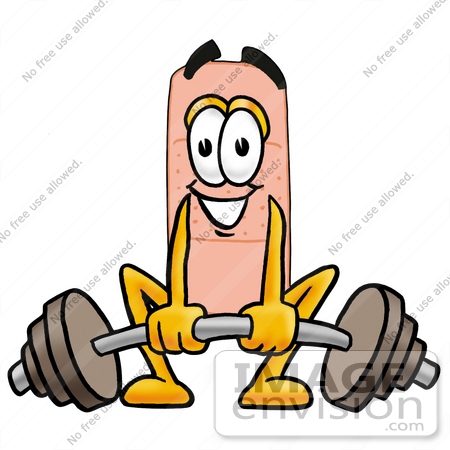#22402 Clip art Graphic of a Bandaid Bandage Cartoon Character Lifting a Heavy Barbell by toons4biz