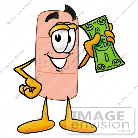 #22403 Clip art Graphic of a Bandaid Bandage Cartoon Character Holding a Dollar Bill by toons4biz