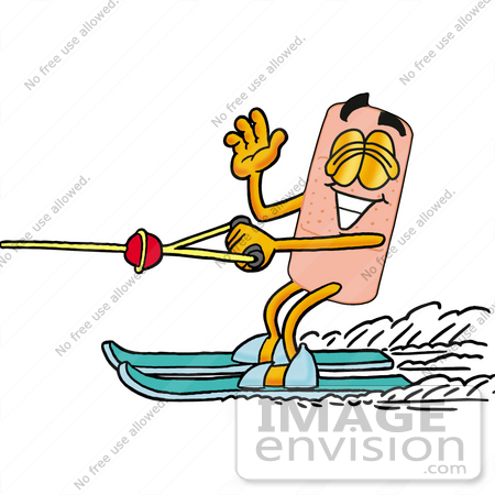 #22406 Clip art Graphic of a Bandaid Bandage Cartoon Character Waving While Water Skiing by toons4biz