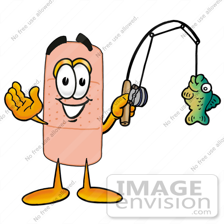 #22409 Clip art Graphic of a Bandaid Bandage Cartoon Character Holding a Fish on a Fishing Pole by toons4biz