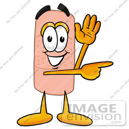 #22410 Clip art Graphic of a Bandaid Bandage Cartoon Character Waving and Pointing by toons4biz