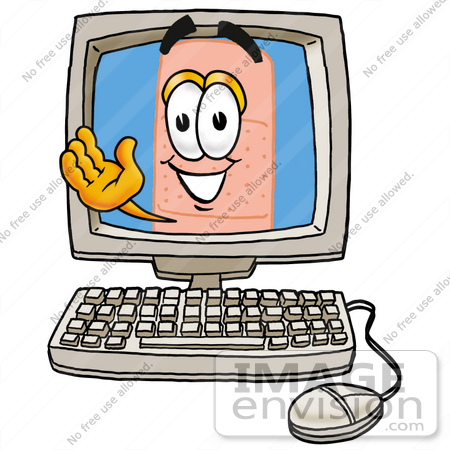 #22413 Clip art Graphic of a Bandaid Bandage Cartoon Character Waving From Inside a Computer Screen by toons4biz