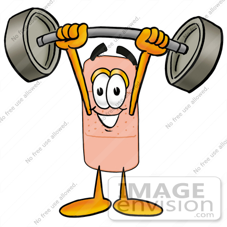#22418 Clip art Graphic of a Bandaid Bandage Cartoon Character Holding a Heavy Barbell Above His Head by toons4biz