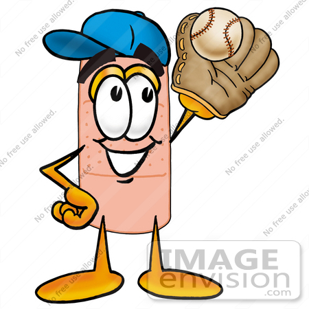 #22420 Clip art Graphic of a Bandaid Bandage Cartoon Character Catching a Baseball With a Glove by toons4biz