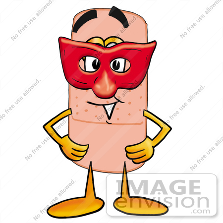 #22421 Clip art Graphic of a Bandaid Bandage Cartoon Character Wearing a Red Mask Over His Face by toons4biz