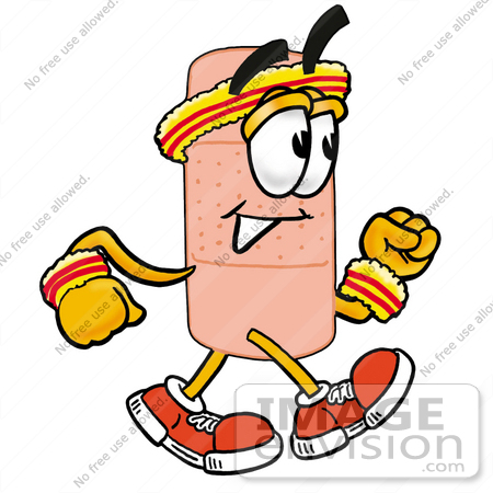 #22422 Clip art Graphic of a Bandaid Bandage Cartoon Character Speed Walking or Jogging by toons4biz