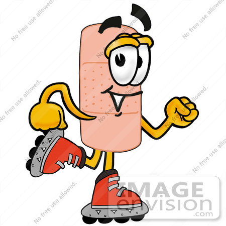 #22424 Clip art Graphic of a Bandaid Bandage Cartoon Character Roller Blading on Inline Skates by toons4biz