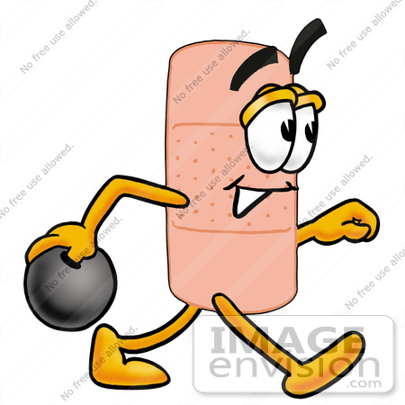 #22425 Clip art Graphic of a Bandaid Bandage Cartoon Character Holding a Bowling Ball by toons4biz