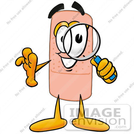 #22432 Clip art Graphic of a Bandaid Bandage Cartoon Character Looking Through a Magnifying Glass by toons4biz