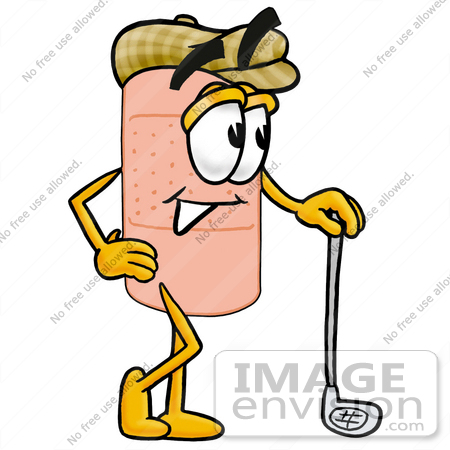 #22433 Clip art Graphic of a Bandaid Bandage Cartoon Character Leaning on a Golf Club While Golfing by toons4biz