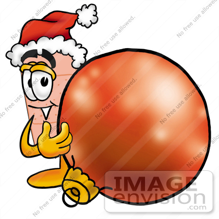 #22435 Clip art Graphic of a Bandaid Bandage Cartoon Character Wearing a Santa Hat, Standing With a Christmas Bauble by toons4biz