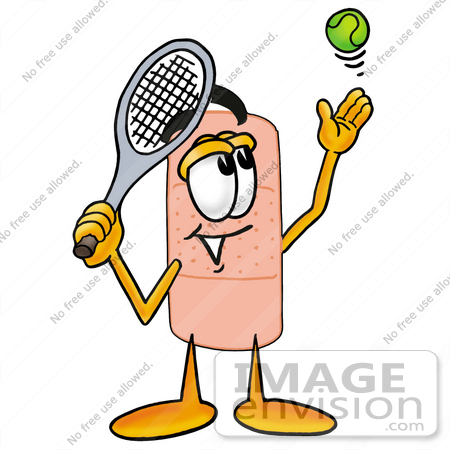 #22436 Clip art Graphic of a Bandaid Bandage Cartoon Character Preparing to Hit a Tennis Ball by toons4biz