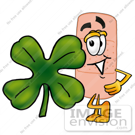 #22437 Clip art Graphic of a Bandaid Bandage Cartoon Character With a Green Four Leaf Clover on St Paddy’s or St Patricks Day by toons4biz