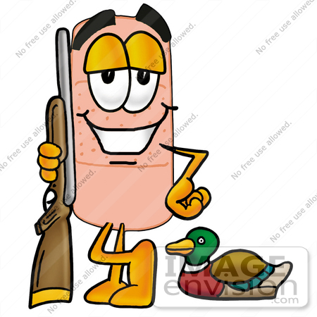 #22442 Clip art Graphic of a Bandaid Bandage Cartoon Character Duck Hunting, Standing With a Rifle and Duck by toons4biz