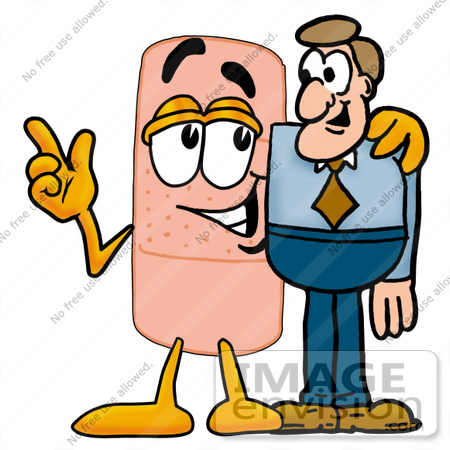 #22445 Clip art Graphic of a Bandaid Bandage Cartoon Character Talking to a Business Man by toons4biz