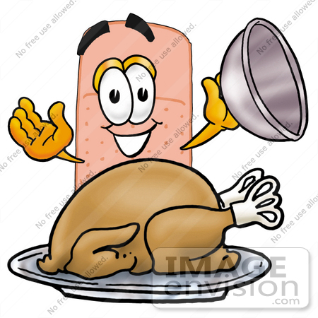 #22446 Clip art Graphic of a Bandaid Bandage Cartoon Character Serving a Thanksgiving Turkey on a Platter by toons4biz