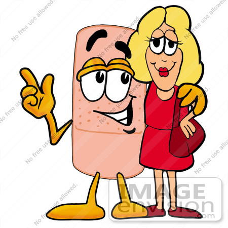 #22448 Clip art Graphic of a Bandaid Bandage Cartoon Character Talking to a Pretty Blond Woman by toons4biz