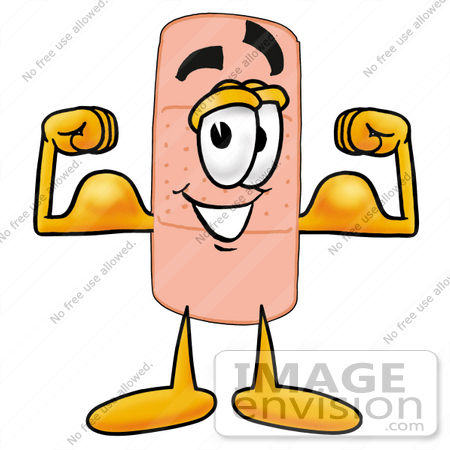 #22449 Clip art Graphic of a Bandaid Bandage Cartoon Character Flexing His Arm Muscles by toons4biz