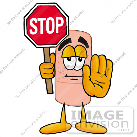 #22450 Clip art Graphic of a Bandaid Bandage Cartoon Character Holding a Stop Sign by toons4biz