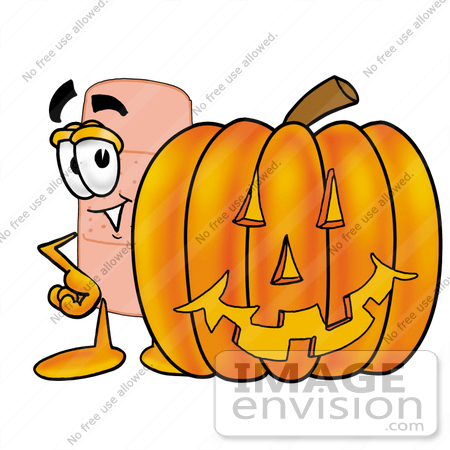 #22451 Clip art Graphic of a Bandaid Bandage Cartoon Character With a Carved Halloween Pumpkin by toons4biz