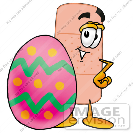 #22455 Clip art Graphic of a Bandaid Bandage Cartoon Character Standing Beside an Easter Egg by toons4biz