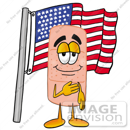 #22457 Clip art Graphic of a Bandaid Bandage Cartoon Character Pledging Allegiance to an American Flag by toons4biz