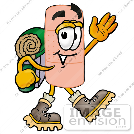 #22458 Clip art Graphic of a Bandaid Bandage Cartoon Character Hiking and Carrying a Backpack by toons4biz