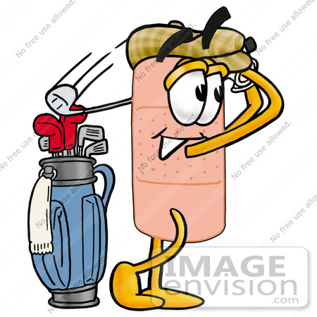 #22460 Clip art Graphic of a Bandaid Bandage Cartoon Character Swinging His Golf Club While Golfing by toons4biz