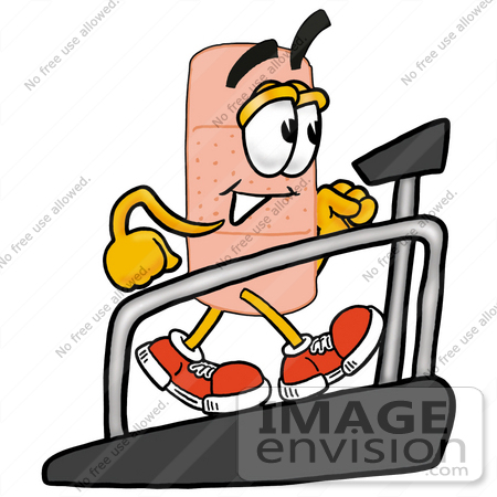 #22462 Clip art Graphic of a Bandaid Bandage Cartoon Character Walking on a Treadmill in a Fitness Gym by toons4biz