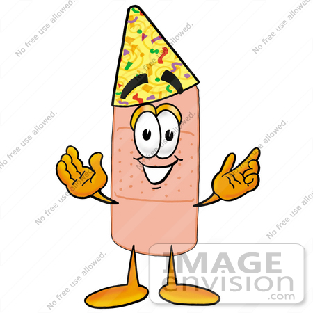#22465 Clip art Graphic of a Bandaid Bandage Cartoon Character Wearing a Birthday Party Hat by toons4biz