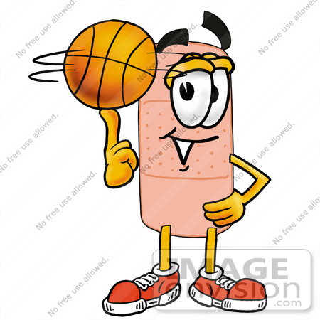#22468 Clip art Graphic of a Bandaid Bandage Cartoon Character Spinning a Basketball on His Finger by toons4biz